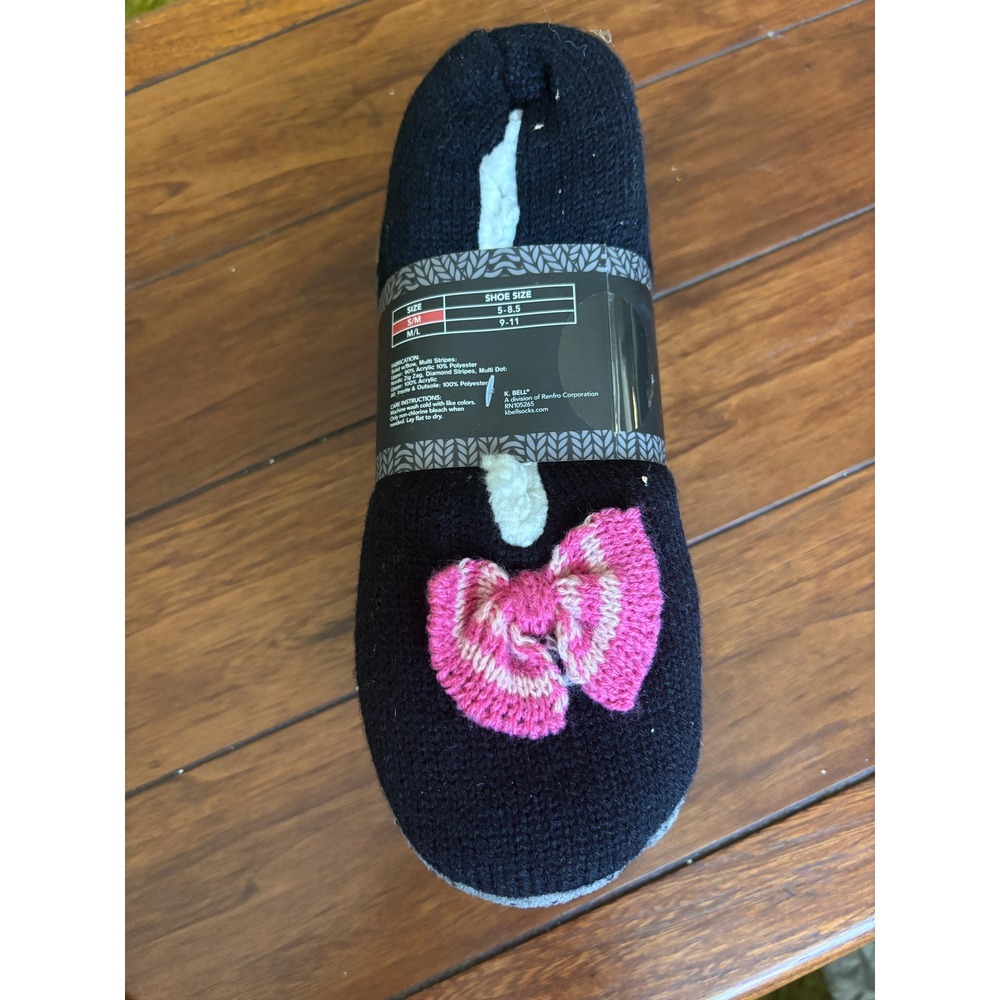 K. Bell Sherpa Slipper Socks 2 Pairs Pink Chevron Black Bow Size S/M 5-8.5 NEW - Picture 2 of 3